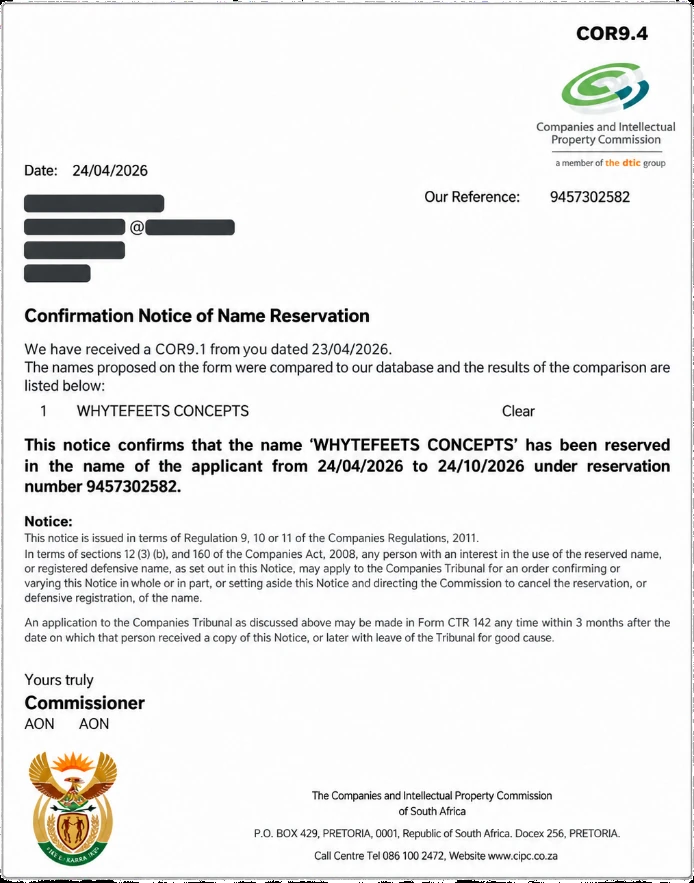 CIPC CoR9.4 Confirmation Notice of Name Reservation for WHYTEFEETS CONCEPTS, reservation number 9457302582.