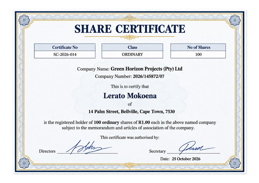 Sample share certificate showing the certificate number, share class, number of shares, company details and shareholder name.